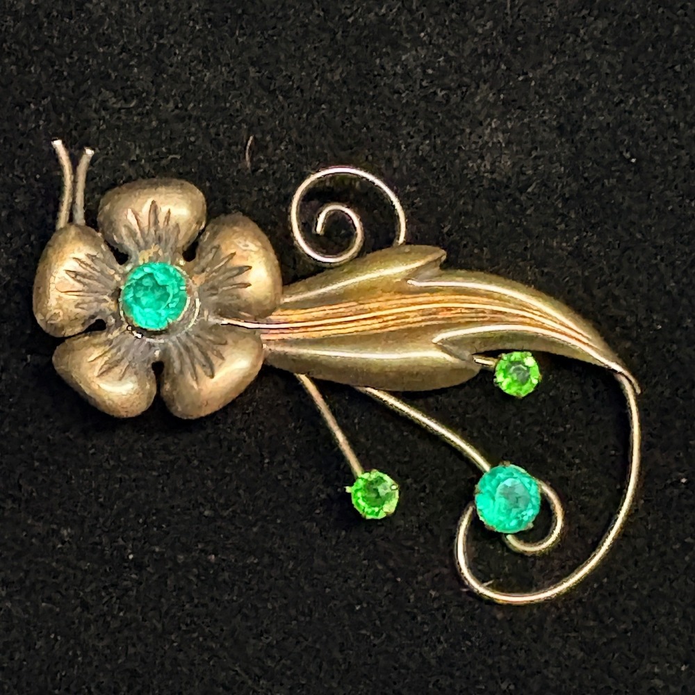 Vintage Michelsons 1/20 12K Gold Filled Green Rhinestone Flower Brooch